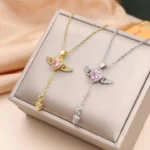Movable Pink Crystal Zircon Diamond Love Heart Angel Wings Pendant Necklace - Image 2