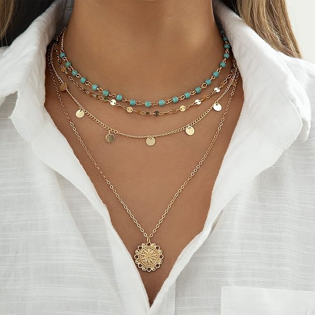 71B8kSWUWML._AC_SY625_ Bohemian Layered Gold Necklace Set with Turquoise Beads and Coin Charms - Image 1