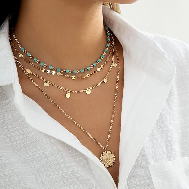 71pXR7-vYGL._AC_SY625_ Bohemian Layered Gold Necklace Set with Turquoise Beads and Coin Charms - Image 2