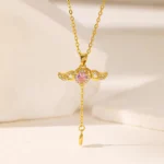 Movable Pink Crystal Zircon Diamond Love Heart Angel Wings Pendant Necklace