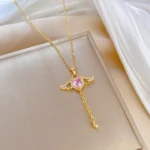 Movable Pink Crystal Zircon Diamond Love Heart Angel Wings Pendant Necklace - Image 3