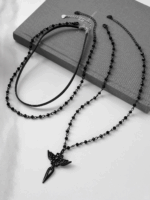 Three-piece dark leather glass cross wing clavicle necklace - Image 5