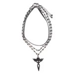 Three-piece dark leather glass cross wing clavicle necklace