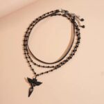Three-piece dark leather glass cross wing clavicle necklace - Image 2