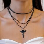 Three-piece dark leather glass cross wing clavicle necklace - Image 4